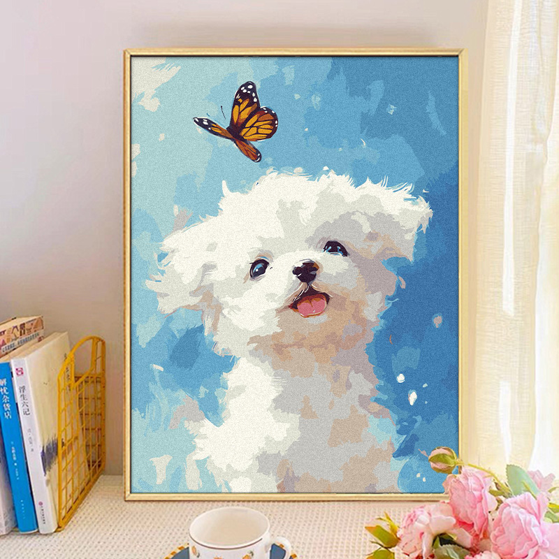 可爱比熊犬治愈蝴蝶宠物手绘DIY数字油画填充礼物丙烯油彩画装饰图片
