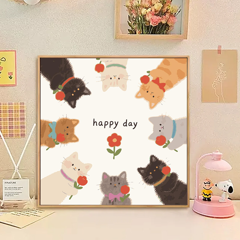 数字油画卡通猫咪diy手工涂色治愈丙烯画简单现代风卧室装饰挂画图片