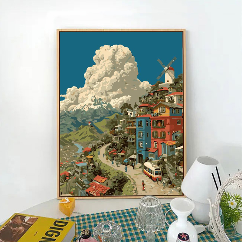 宫崎骏童话小镇自由云野diy数字油画放空减压手绘装饰画丙烯挂画图片