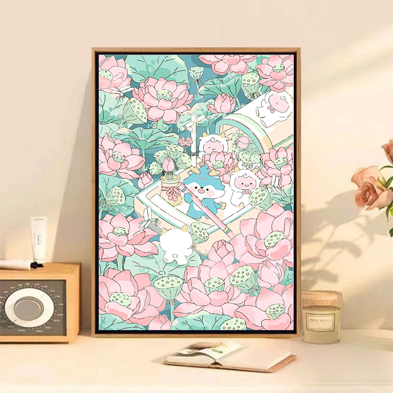 可爱动物花卉治愈场景插画DIY手绘数字油画全套材料丙烯画装饰画图片