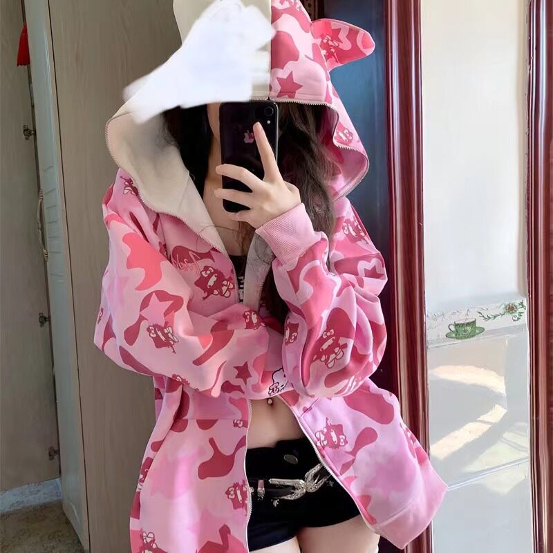 美式复古vintage迷彩卫衣女春秋2023新款宽松慵懒风oversize外套