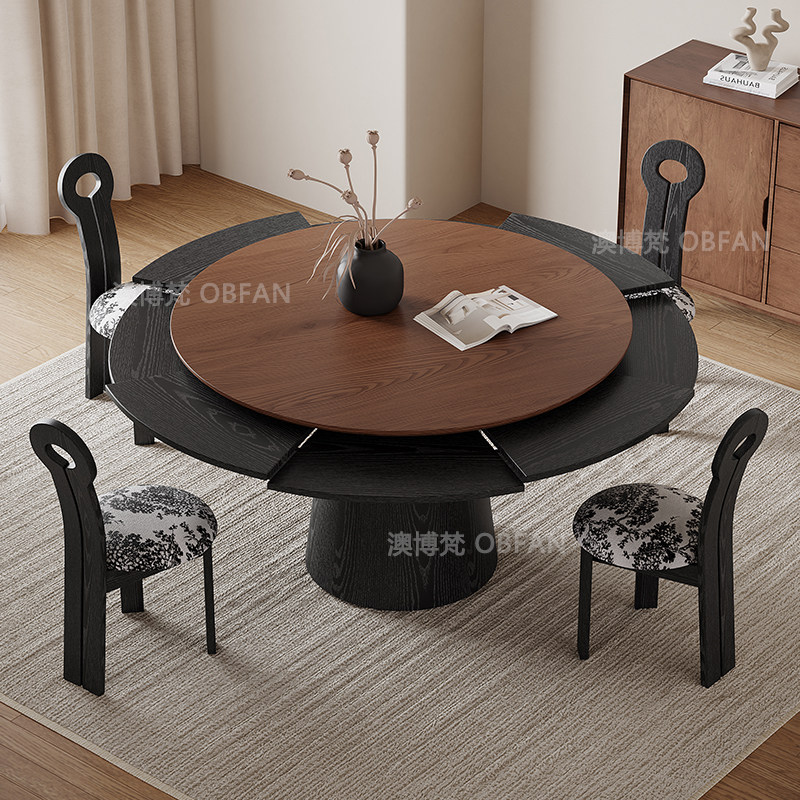 澳博梵丨圆桌旋转伸缩变形中古风家用10人圆形弗莱彻全实木餐桌椅
