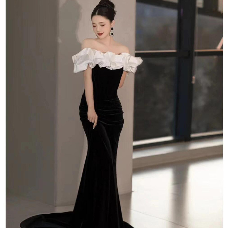 一字肩礼服女新款新娘结婚订婚敬酒服宴会晚礼服高级显瘦鱼尾裙冬
