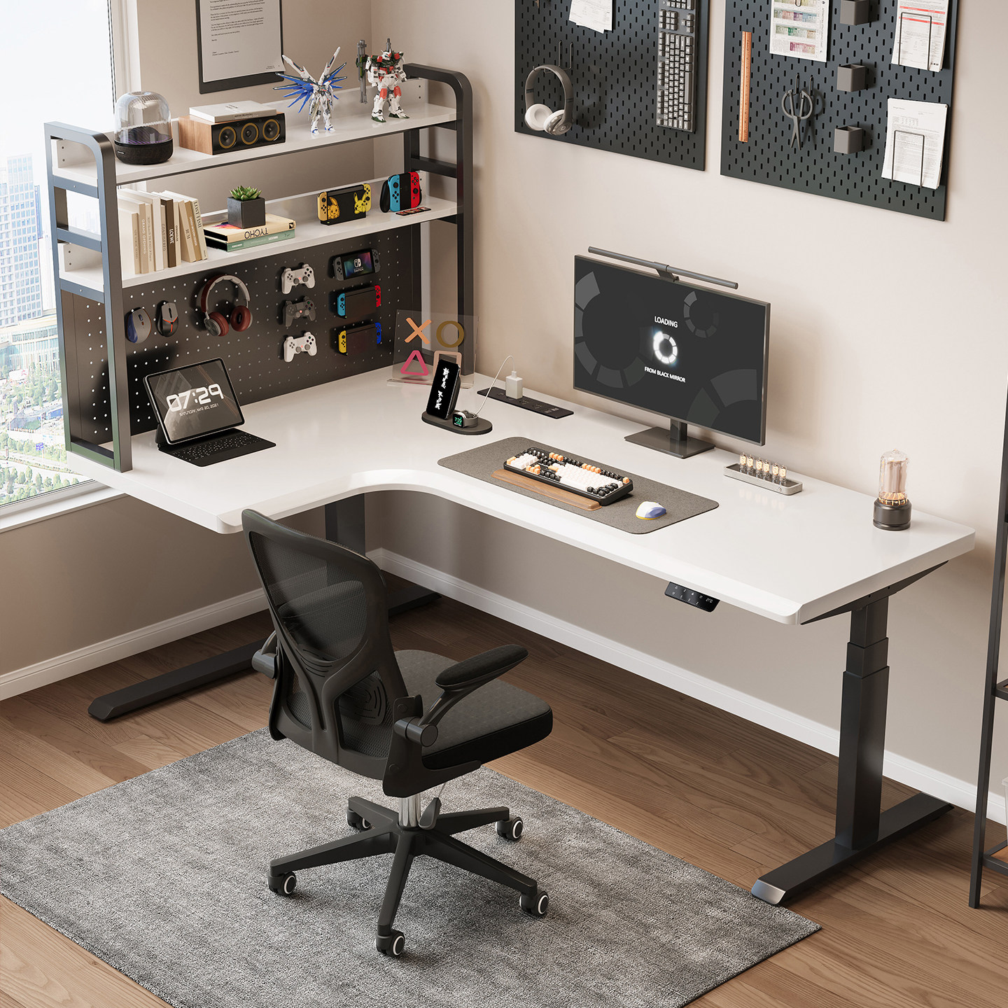 转角式电动升降桌卧室家用L型办公桌工作台双人书桌实木电脑桌子