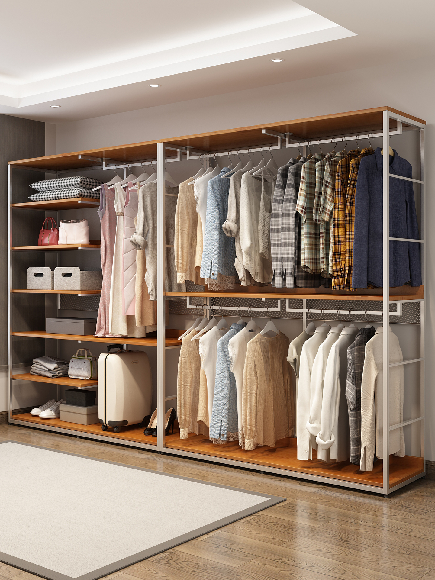 金属衣柜2025新款爆款卧室家用实木钢架定制挂衣结构开放式衣帽间