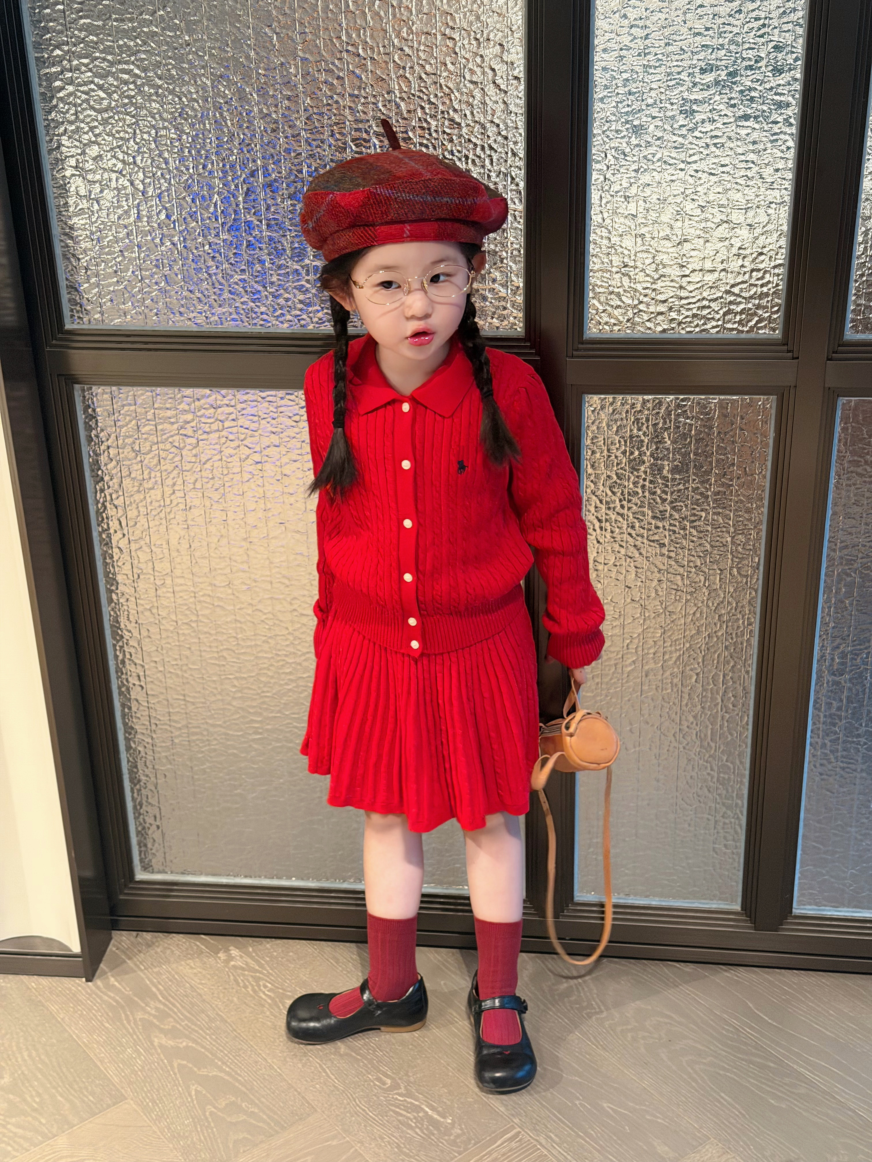 Millie Baby｜麻花针织套装女童新年红翻领开衫套装