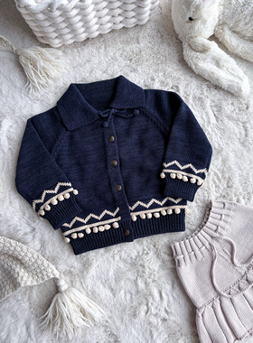 Millie baby｜25秋冬MP系列男女儿童藏蓝色翻领复古毛衣厚外套