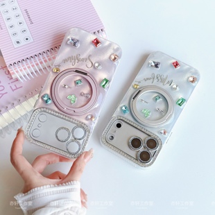 原创定制带钻磁吸支架手机壳适用苹果17promax挂链iphone16支点壳