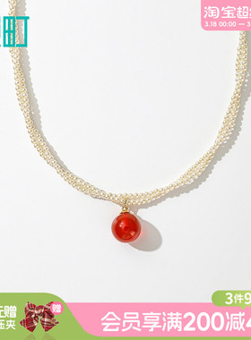 畹町优雅红珠项链复古法式高级感优雅百搭珍珠短链锁骨链