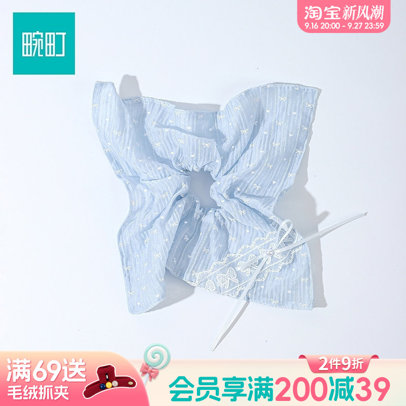 畹町蓝黄碎花四角巾巨好看大肠发圈女高级感洋气时尚头绳发饰图片