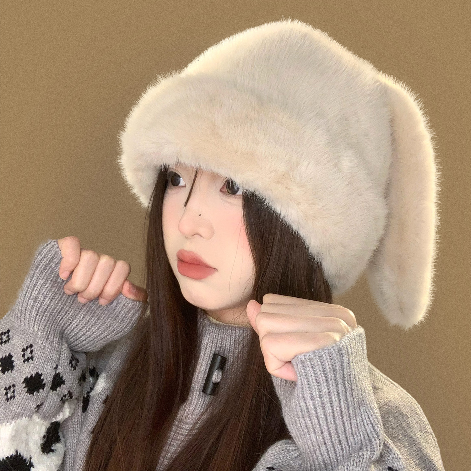 可爱兔耳朵毛绒帽子女冬