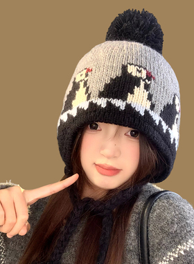 可爱卡通企鹅毛球毛线帽女秋冬季保暖韩版百搭大头围护耳针织帽子