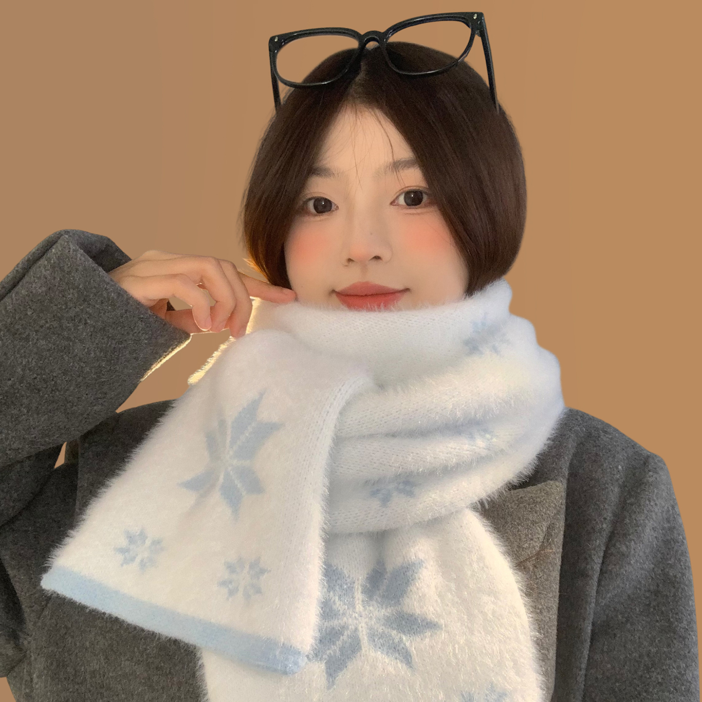 韩系氛围感蓝色雪花毛绒针织围巾