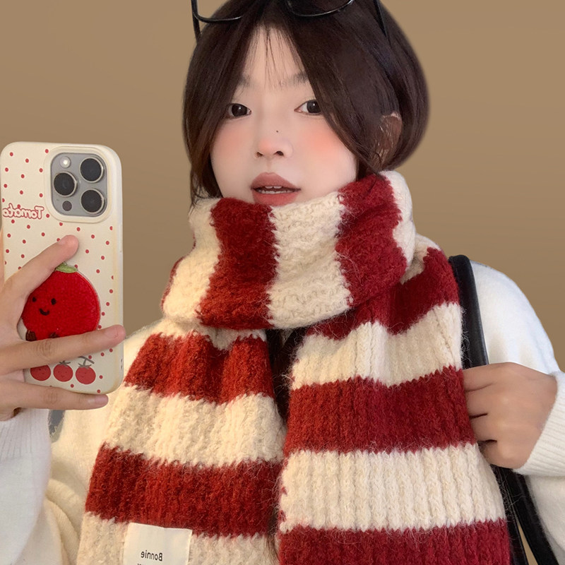 韩版撞色条纹红色针织围巾女秋冬季加厚保暖防寒百搭学生情侣围脖,服饰配件/皮带/帽子/围巾,围巾/丝巾/披肩,淘宝优惠券,粉丝福利购,淘宝优惠卷