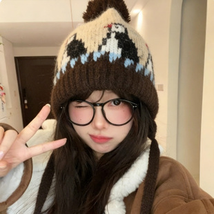 费尔岛风可爱企鹅绑带针织帽女秋冬季保暖加厚防寒护耳帽毛线帽子