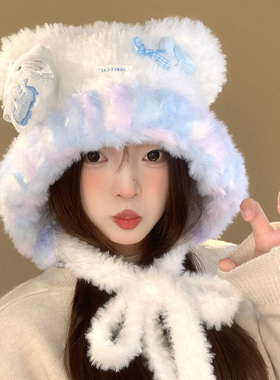 可爱kt猫玩偶小熊白色毛绒帽子女冬季雷锋帽保暖护耳毛茸茸套头帽