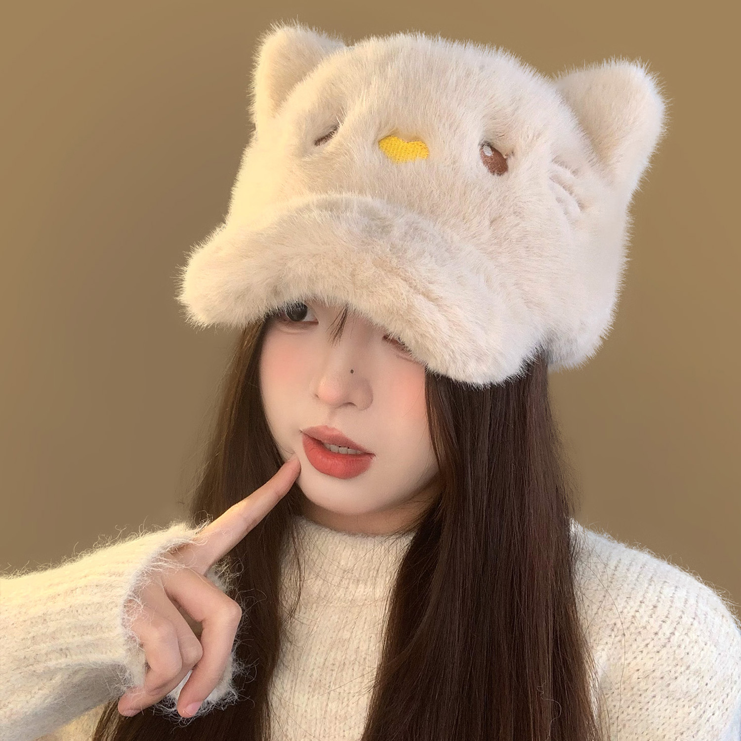可爱猫咪毛绒鸭舌帽子女