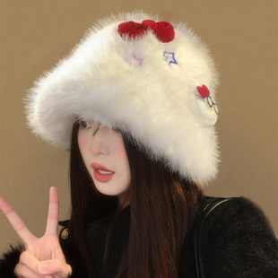 HelloKitty毛绒渔夫帽女款冬季保暖显脸小可爱蝴蝶结加厚百搭盆帽