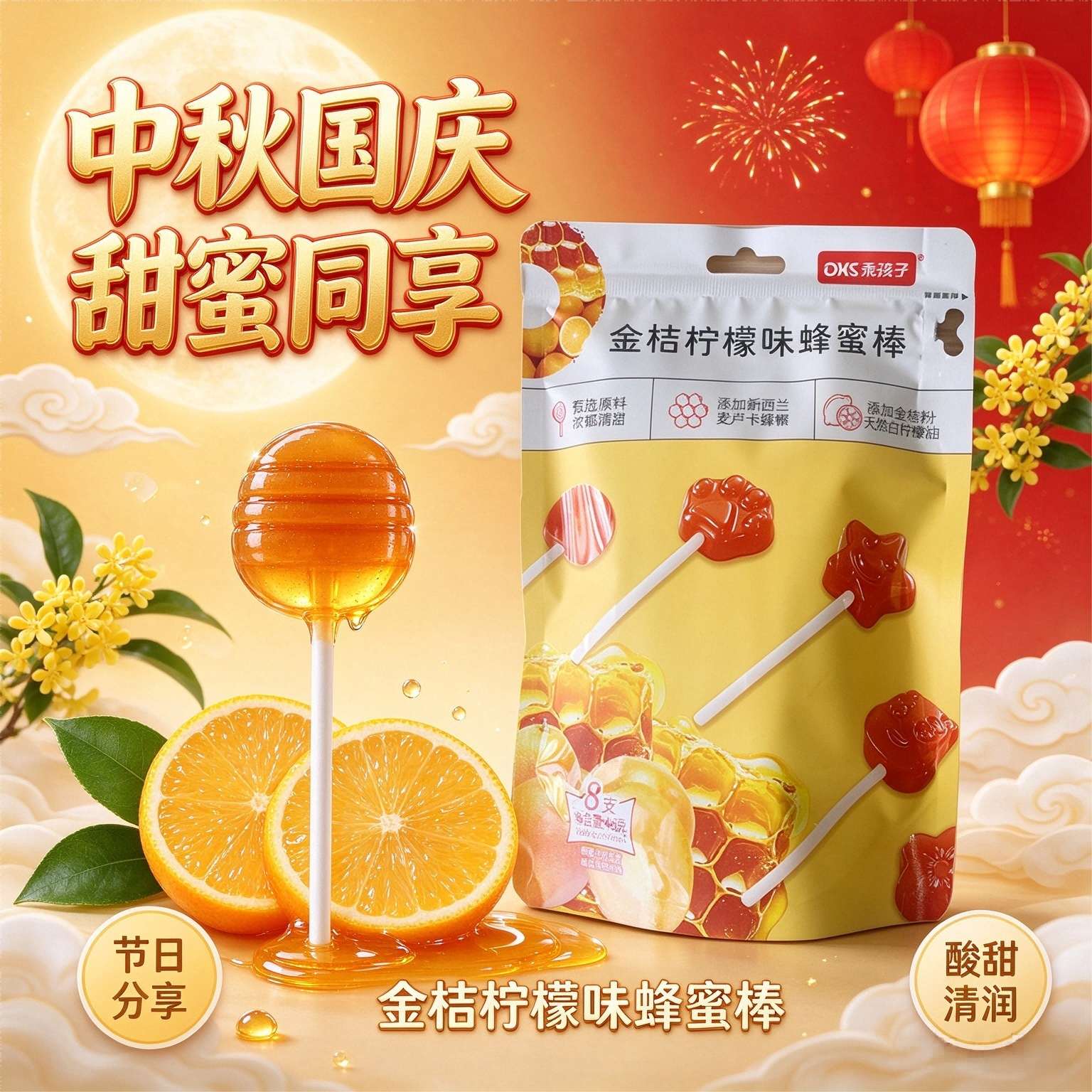 中秋国庆乖孩子金桔柠檬味蜂蜜棒棒糖儿童宝宝健康休闲零食
