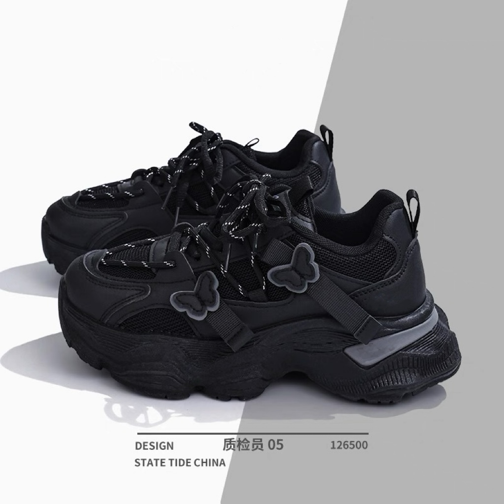 运动鞋女款秋季2025新款百搭爆款透气黑色蝴蝶厚底老爹鞋休闲
