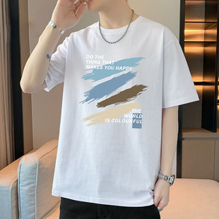 白色短袖t恤男士夏季重磅2024新款半袖打底衫宽松潮流夏款上衣服