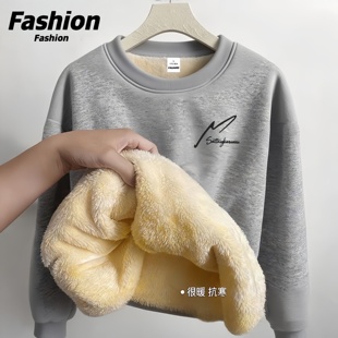 男外套 宽松休闲加厚打底衫 冬季 加绒保暖羊羔绒套头卫衣男ins美式