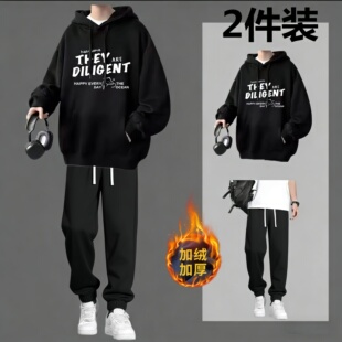 秋冬季加绒卫衣男外套美式宽松酷帅搭配运动套装青少年两件套学生