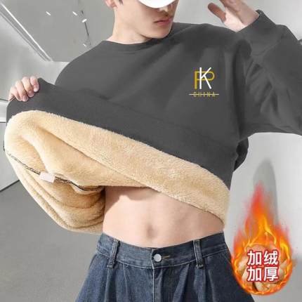 卫衣加绒加厚宽松外套青少年学生2025新款男士羊羔绒圆领休闲上衣