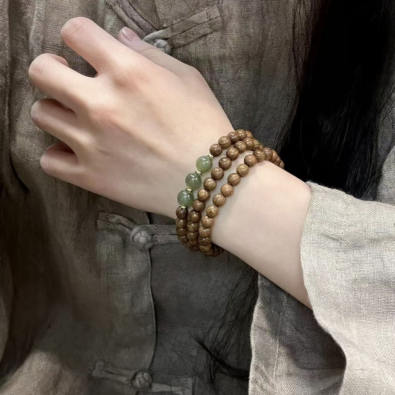 天然金丝檀木搭配和田玉三圈手串男女新中式国风木质文玩佛珠手链