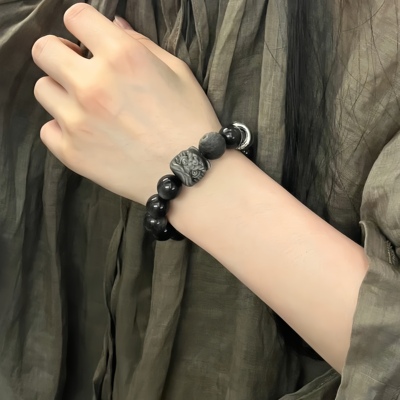天然银耀石搭配醒狮陨石单圈手串女生水晶佛珠手链