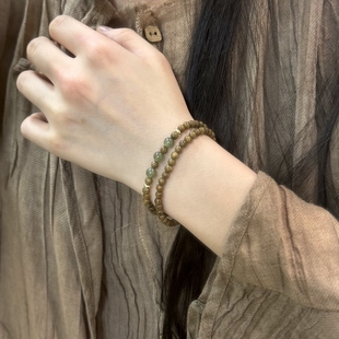 天然绿檀木双圈手串女款手链补木静心檀香盘玩佛珠和田玉转运珠