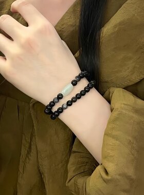 天然银耀石搭配和田籽玉手串男女黑曜石圆珠水晶时尚显白手链