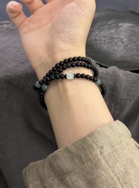 天然黑曜石手串多圈男女招财水晶手链补水转运手链生日情侣送礼物