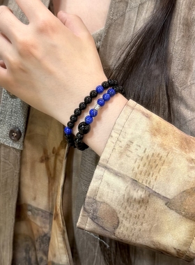 原创设计天然高档黑曜石水晶青晶石手串女款百搭手链情侣双圈手饰