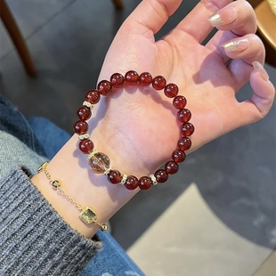 新中式 天然石榴石搭配黑金超七手串女款 招财转运珠手链送闺蜜礼物