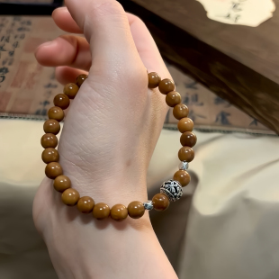 天然库克搭配藏银蝴蝶花纹珠单圈手串男女国风盘玩文玩手链6mm