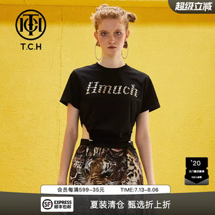 收腰秋夏新辛苦女黑色短袖 TCH潮牌T恤燙鉆字母?jìng)€(gè)性 T69B106043