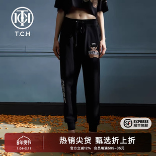 TCH潮牌大C小熊烫钻时尚黑色休闲长裤商场同款T66B206103