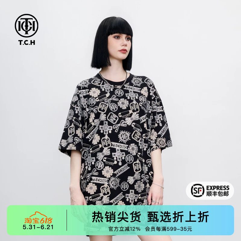 TCH个性老花烫钻设计感T恤裙夏季新款街头时尚圆领连衣裙女