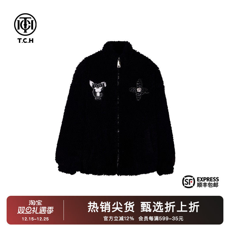 仿羊羔毛设计宽松立领毛毛外套