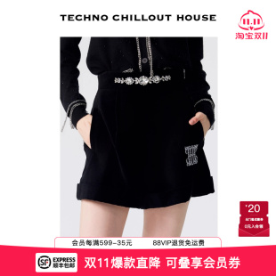 百搭复古休闲阔腿裤 女时尚 丝绒烫钻高腰显瘦短裤 TCH2025春秋新款