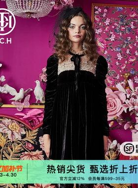 TCH潮牌手工网纱碎钻复古连衣裙2026春秋新款丝绒礼服T66A306103