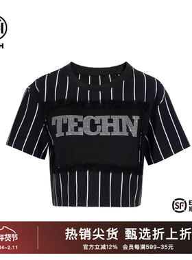 TCH烫钻时尚休闲设计感条纹字母T恤女2025夏新款舒适T75B10B1063