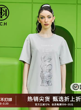 TCH潮牌短袖T恤烫钻太空兔夏季情侣款灰色圆领上衣T69B106066
