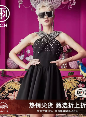 TCH潮牌轻奢新款手工定制烫钻设计师黑天鹅连衣裙T66B306103
