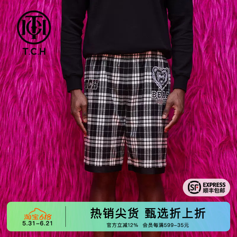 TCH潮牌大C短裤咆哮熊烫钻黑白格子休闲男女款T69B216017