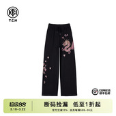 T72A20E6025 花藤满钻提花系列黑色阔腿裤 TCH潮牌新中式 秋季