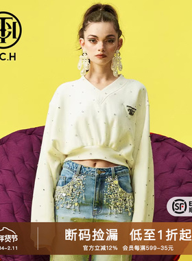 TCH潮牌轻奢新款银钻烫钻休闲百搭加绒短款V领卫衣T66D116108