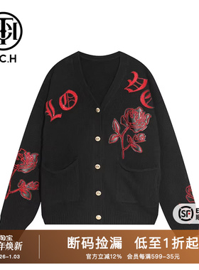 TCH潮牌玫瑰花烫钻黑色针织开衫外套2025秋季新款T21109C3005