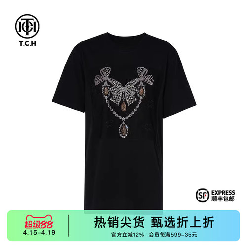TCH烫钻时尚简约显瘦蝴蝶结T恤女2026春秋新款设计感T75C10B1032